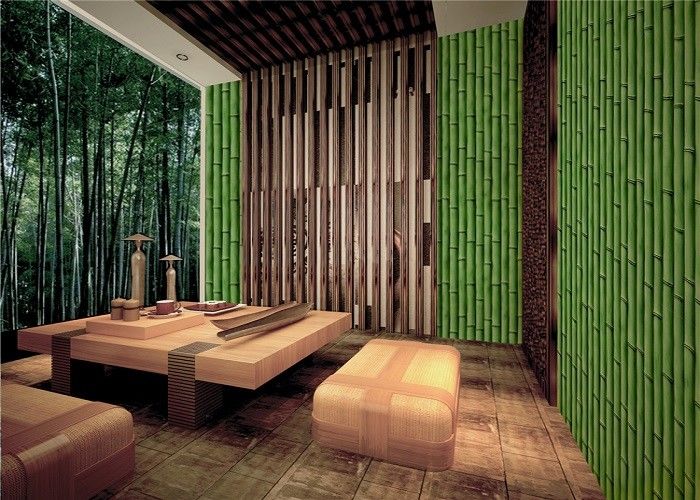 O bambu gravou o verde/amarelo duráveis do papel de parede do rebanho de veludo de Peelable